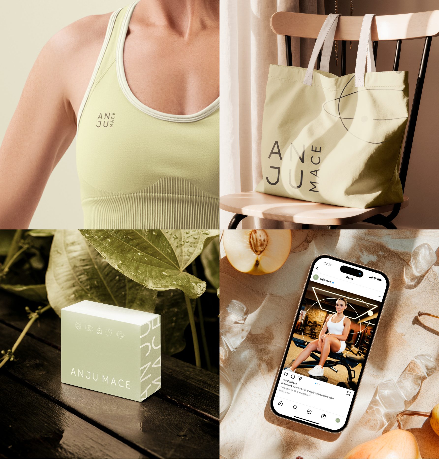 Aplicações da marca: top esportivo com a assinatura, ecobag, caixa com os símbolos e post no Instagram