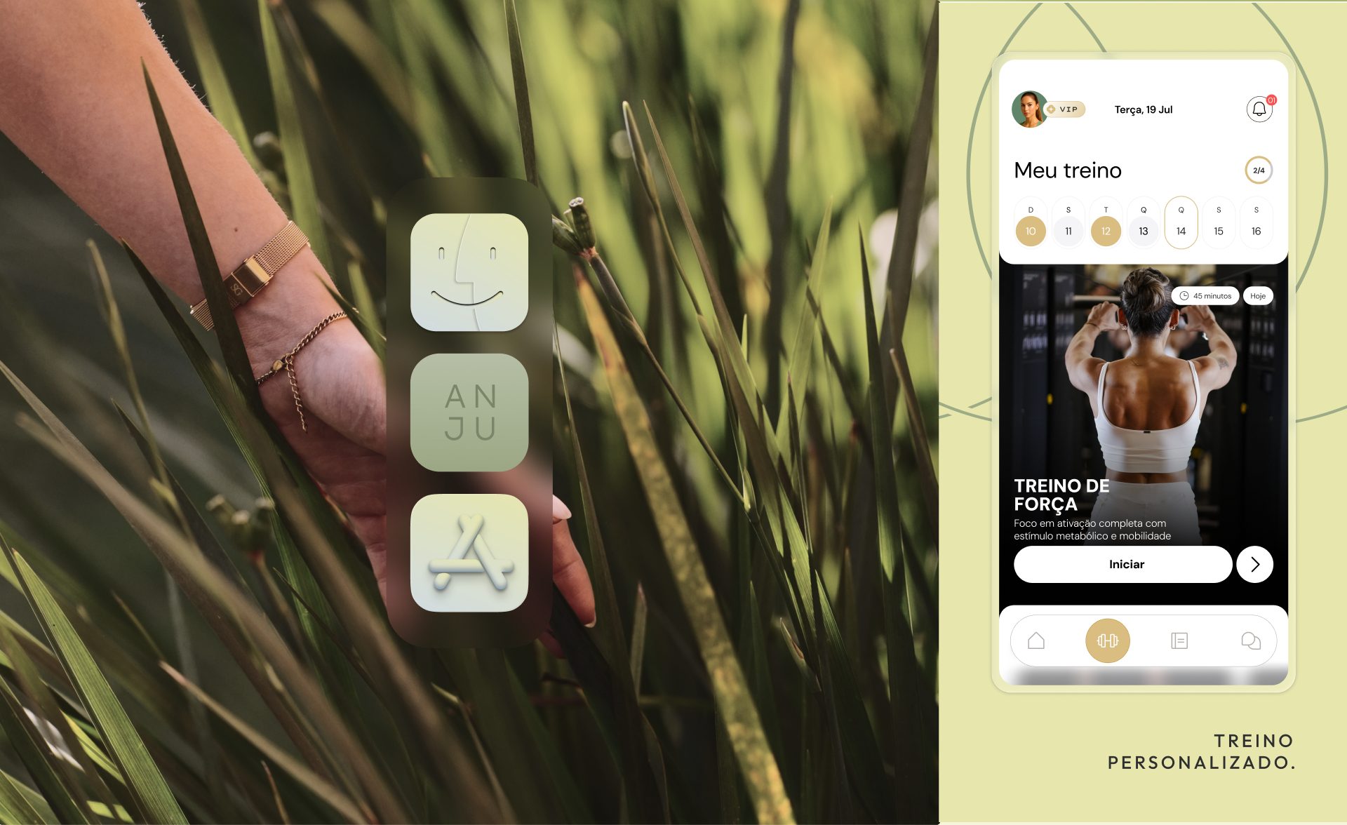 Ícone do aplicativo ANJU entre outros ícones e tela do app com o treino do dia