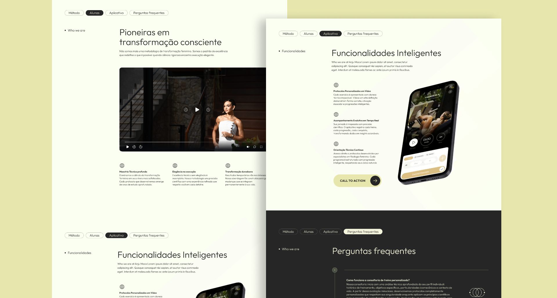 Páginas do site da ANJU MACE: método, funcionalidades do aplicativo e perguntas frequentes