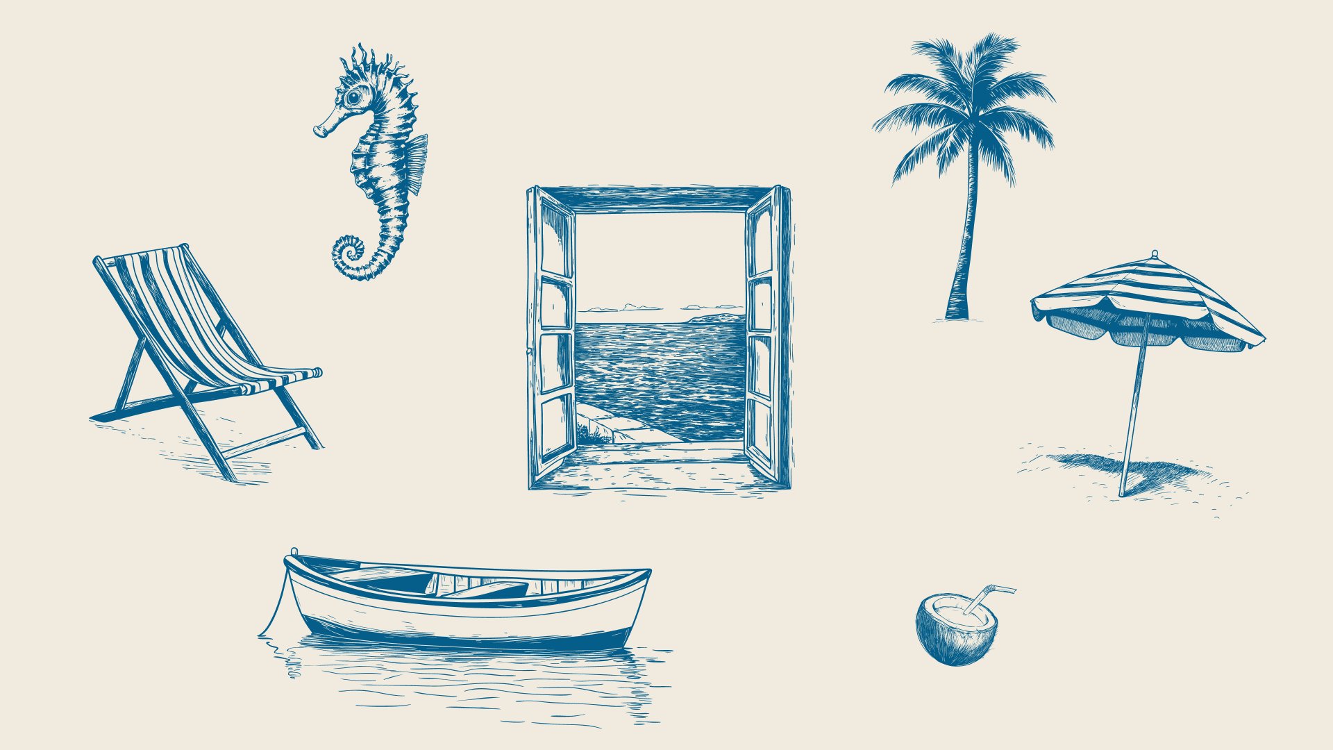 Conjunto de ilustrações em gravura azul: cadeira de praia listrada, cavalo-marinho, janela aberta para o mar, coqueiro, guarda-sol, barco a remo e coco com canudo