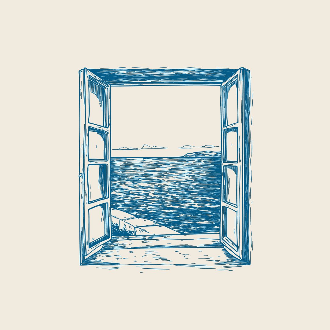 Ilustração em gravura de uma janela de madeira aberta para o mar, em azul