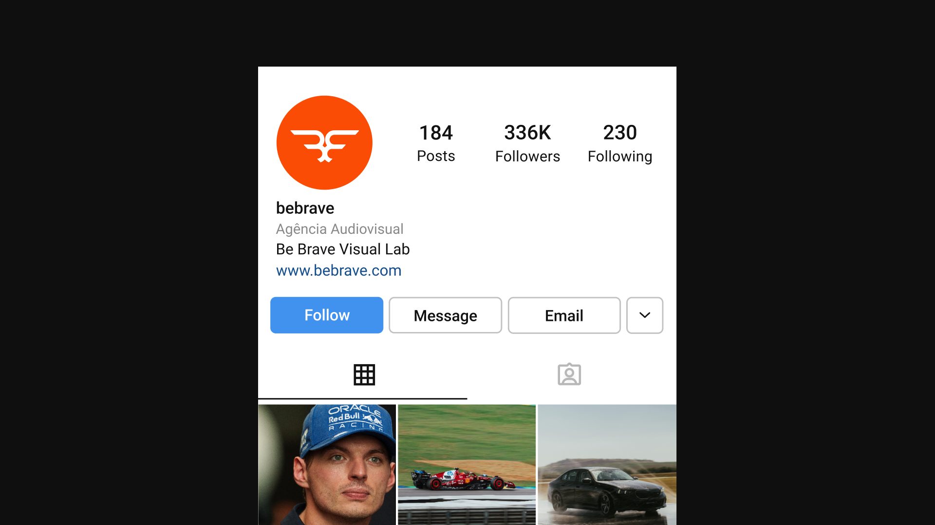 Perfil da Be Brave no Instagram com o símbolo branco em fundo laranja como foto de perfil