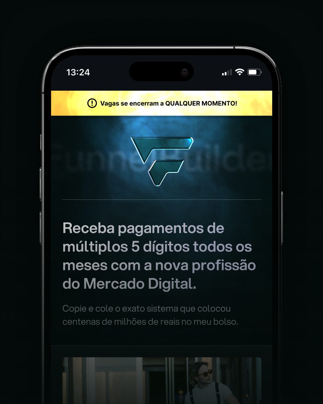 Página de vendas do Funnel Builder no celular, com o símbolo no topo