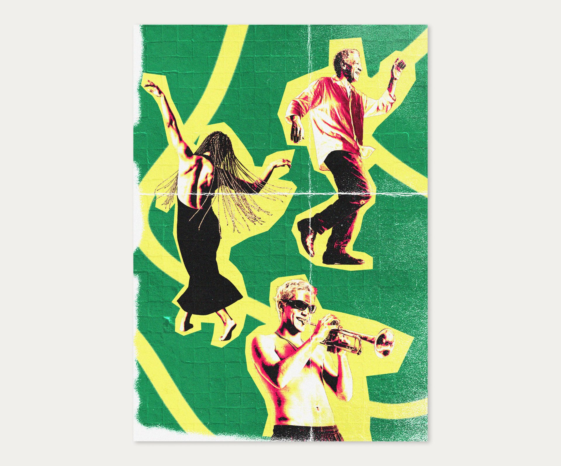 Cartaz em colagem com fundo verde e traços amarelos: uma dançarina de tranças, um homem dançando de camisa rosa e um trompetista de óculos escuros