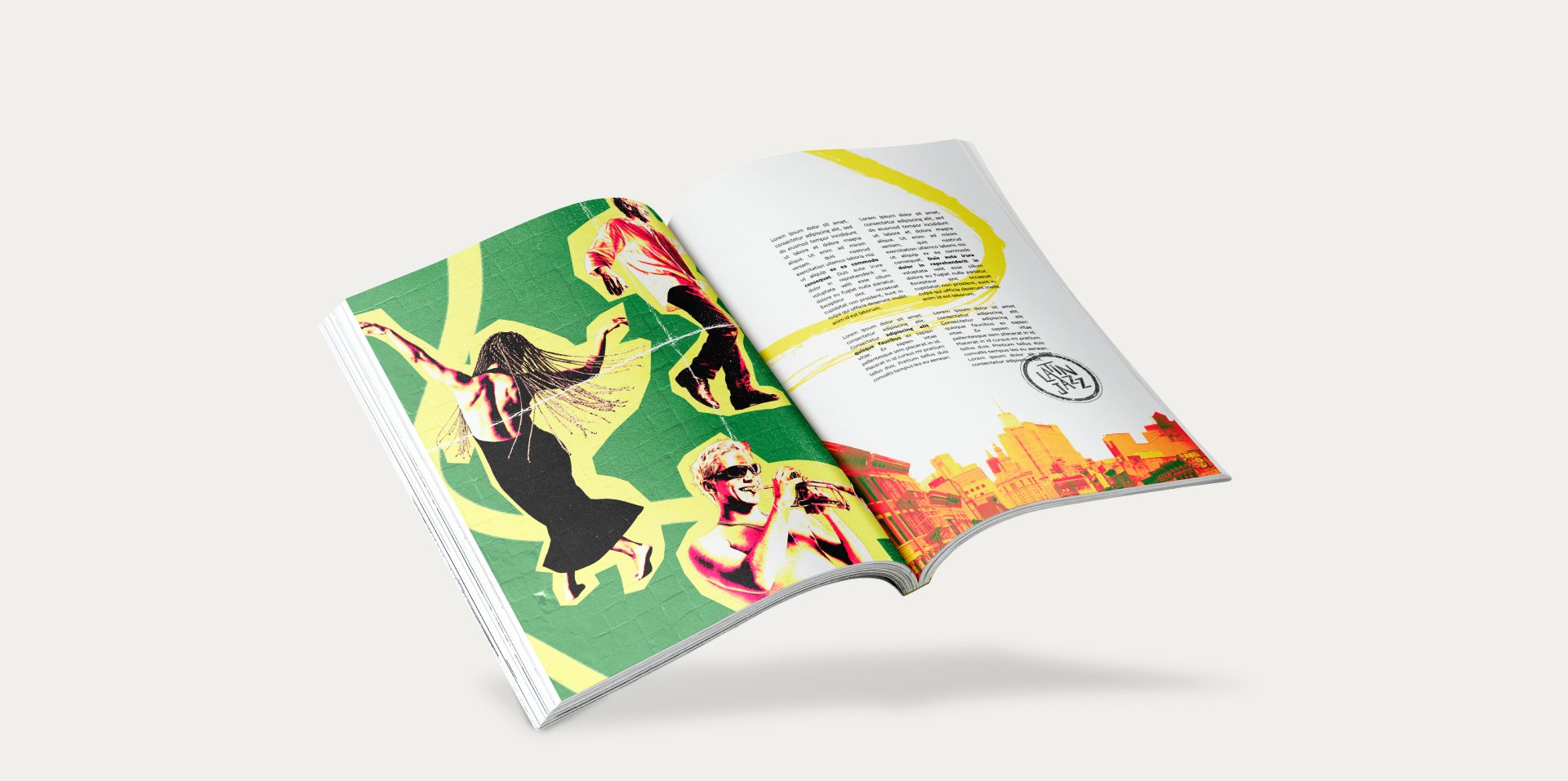 Revista aberta com a colagem dos dançarinos na página esquerda e, na direita, texto com traço amarelo, o selo LatinJazz e a silhueta de uma cidade em laranja