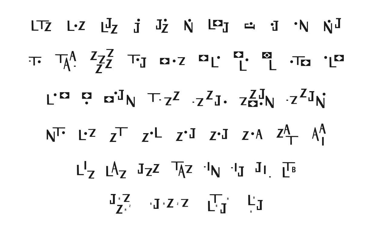 Grade de variações do logo para animação: letras do LATIN JAZZ recombinadas com pontos e o losango da bandeira, formando pequenos rostos, figuras e símbolos