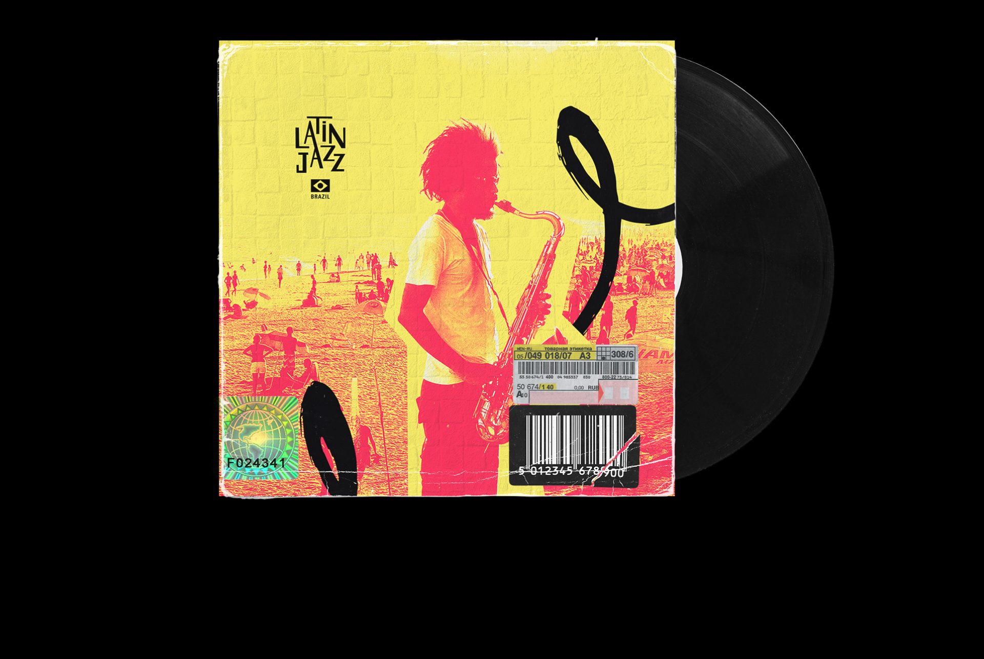 Capa de disco de vinil amarela e rosa com um saxofonista na praia, o logo LatinJazz Brazil, traços pretos de pincel e etiquetas de código de barras