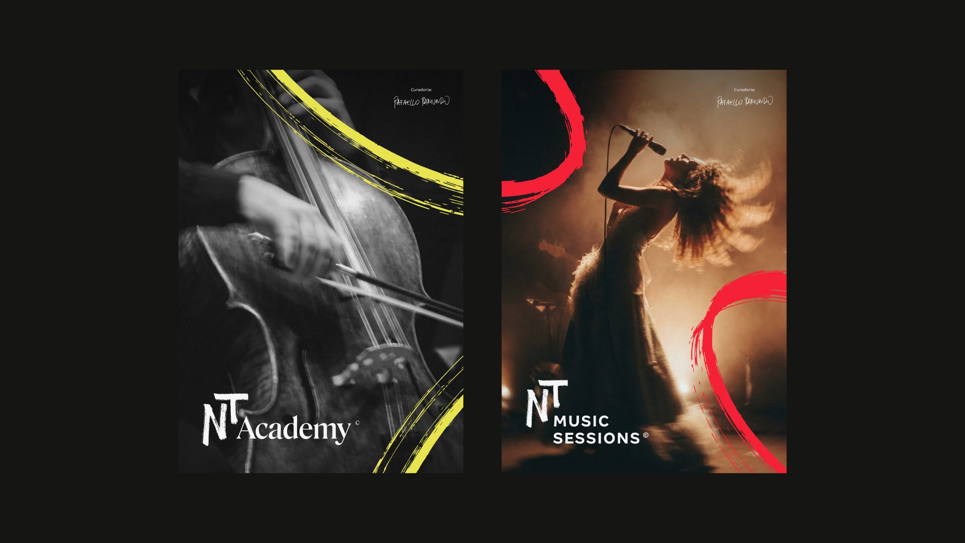 Cartazes da NT Academy, com violoncelo em preto e branco e traço amarelo, e da NT Music Sessions, com cantora no palco e traço vermelho