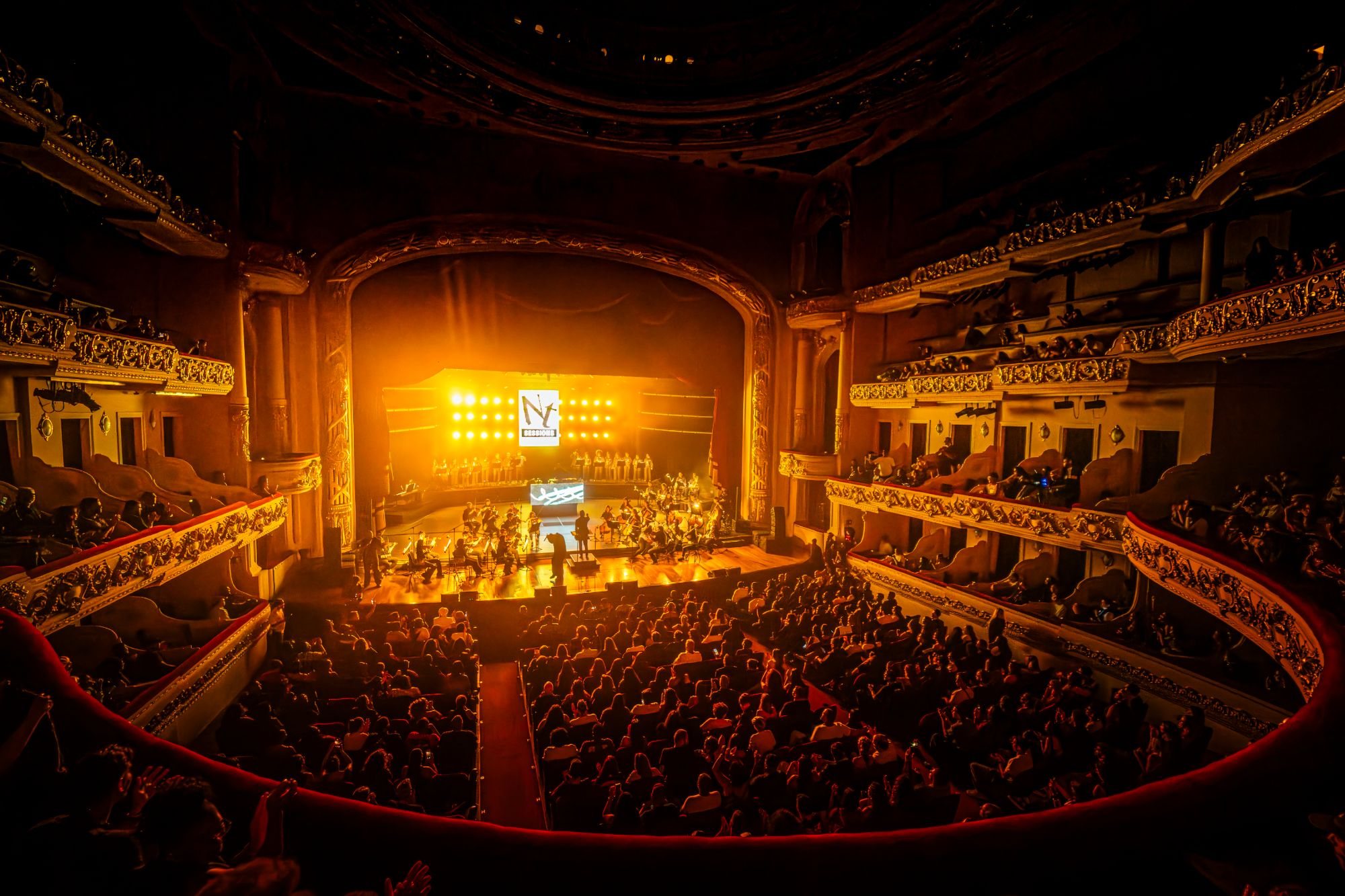 Theatro Municipal visto do alto, em luz dourada, com o palco cheio e o logo NT Sessions no telão