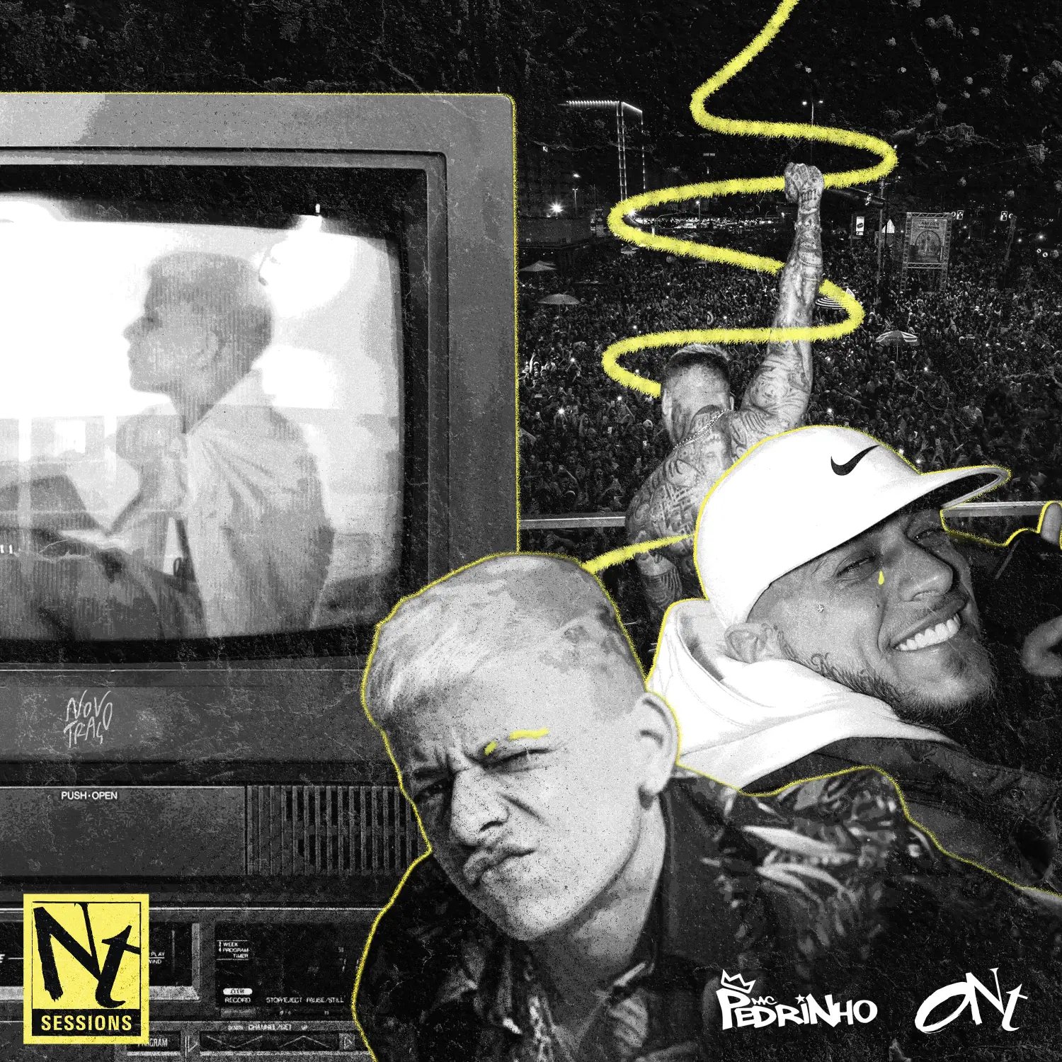 Capa: colagem com TV de tubo, a multidão de um show à noite e dois retratos de MC Pedrinho, com uma espiral amarela