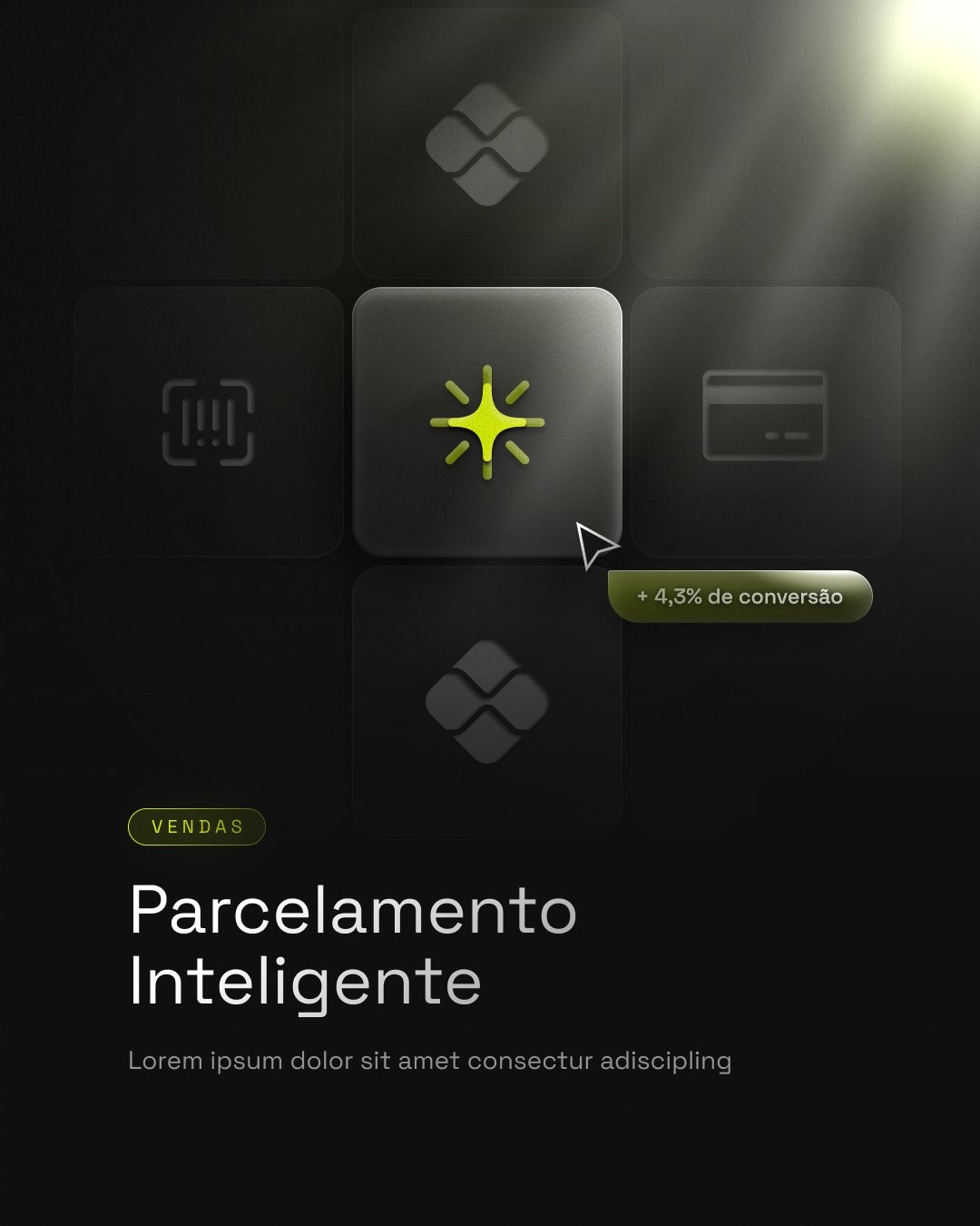 Post Parcelamento Inteligente: ícones de pagamento em vidro fosco, um deles aceso em verde-limão, com o selo de mais 4,3% de conversão