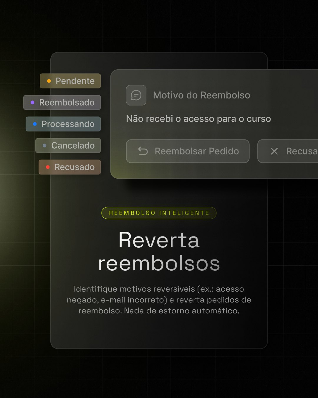 Post Reverta reembolsos: etiquetas de status coloridas e a janela de motivo do reembolso em vidro fosco