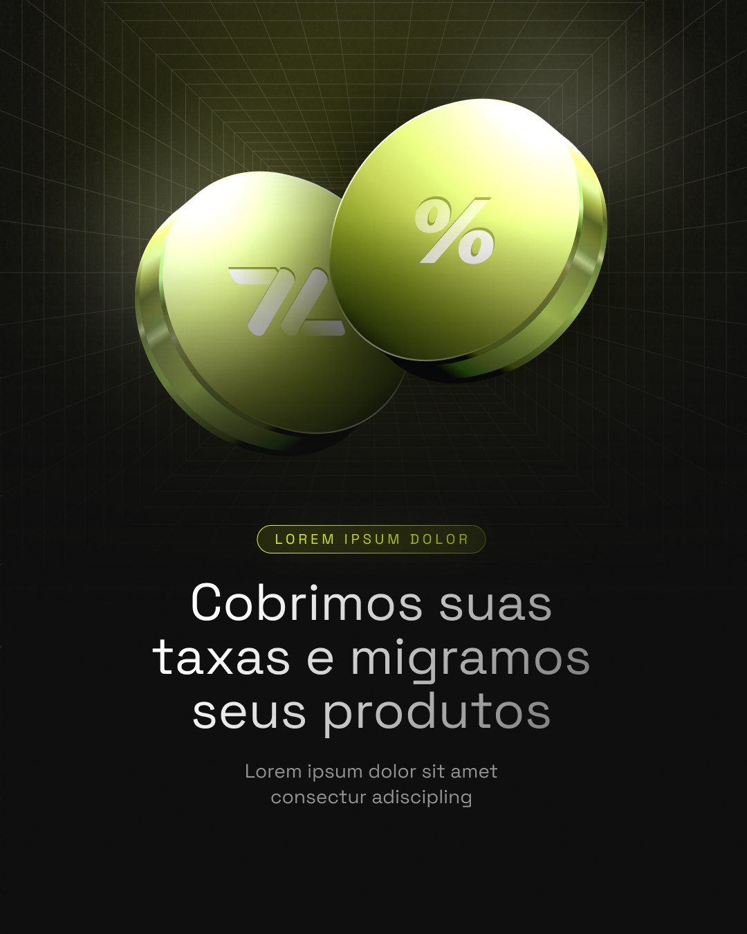 Post Cobrimos suas taxas e migramos seus produtos: duas moedas 3D em verde-limão com o Z da Zouti e o símbolo de porcentagem sobre um túnel em grade